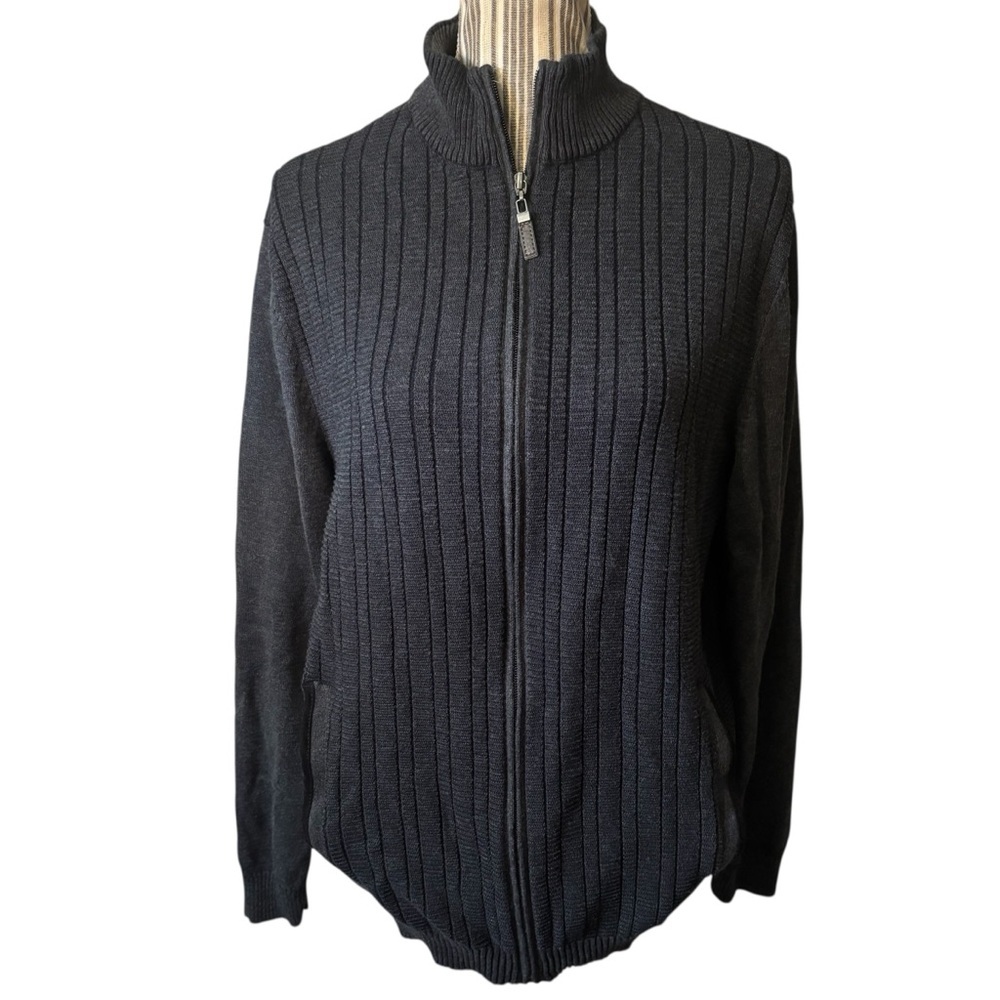 Tasso Elba Zip-Up Sweater XL Charcoal Grey Ribbed Full Zip Knit Cardigan Cotton